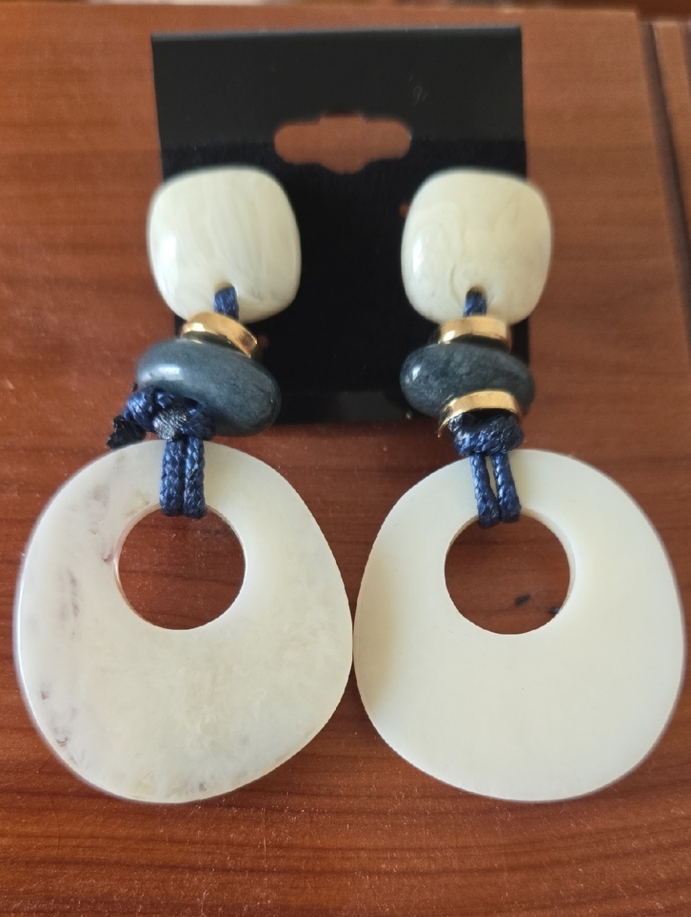 Ivory and Navy Drop Hoop Earrings with Gold Accents